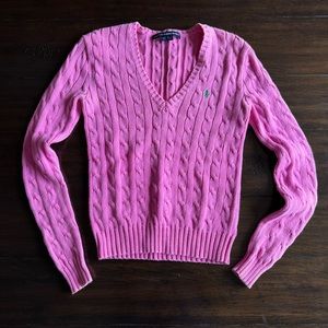 Pink Ralph Lauren Sport v neck cable knit sweater